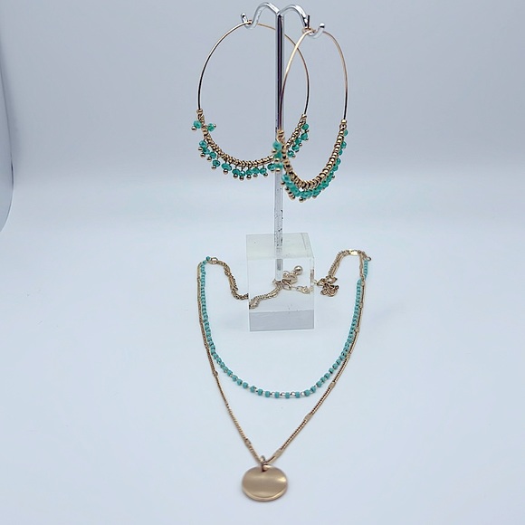 Boho Necklace And Earring Set - Faceted Turquoise & Gold Chain Necklace W/Hoops - Picture 4 of 6